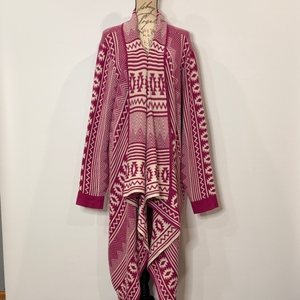 J. Peterman blanket cardigan sweater 100% cotton magenta and ivory print XXL